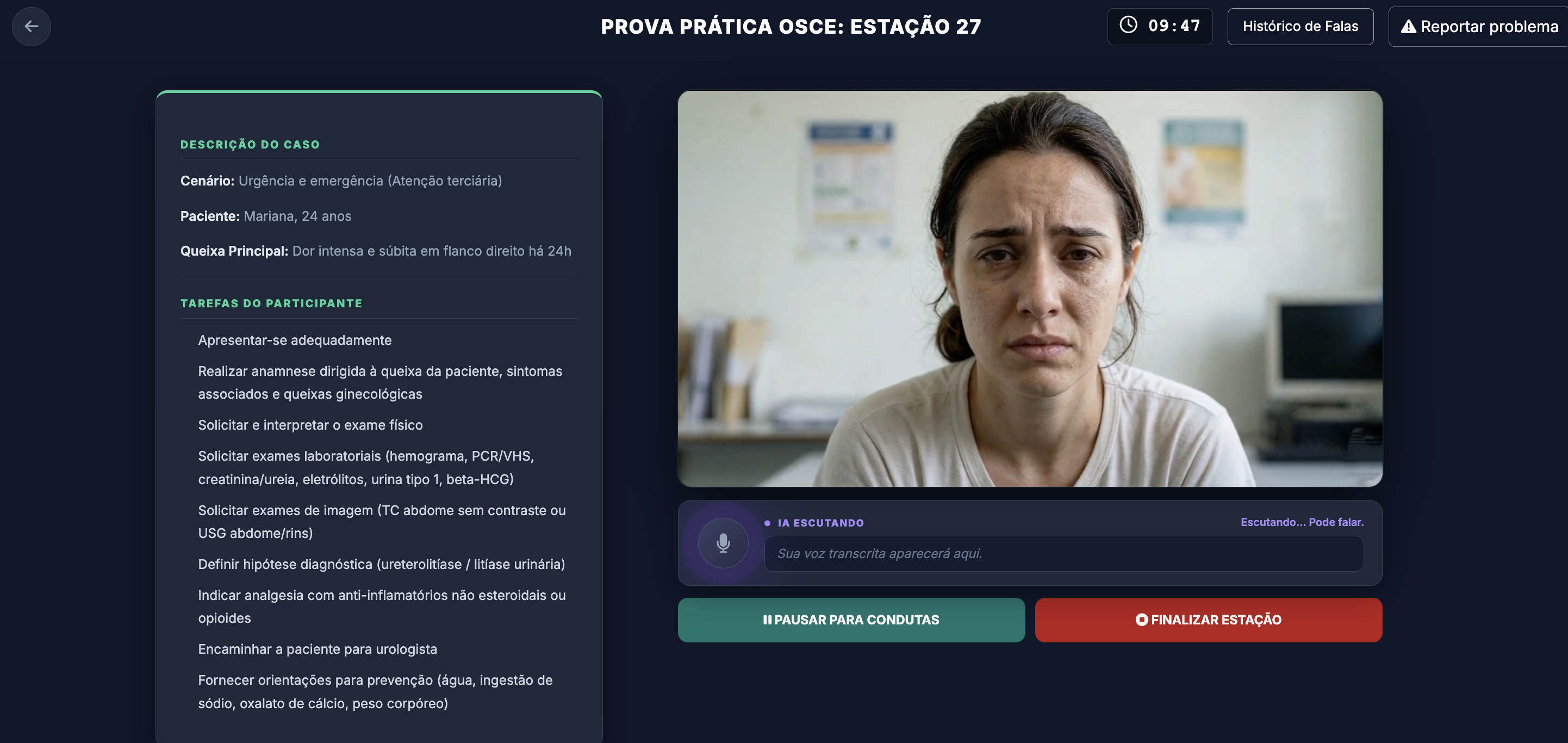 Interface do simulador OSCE com paciente virtual e microfone ativo